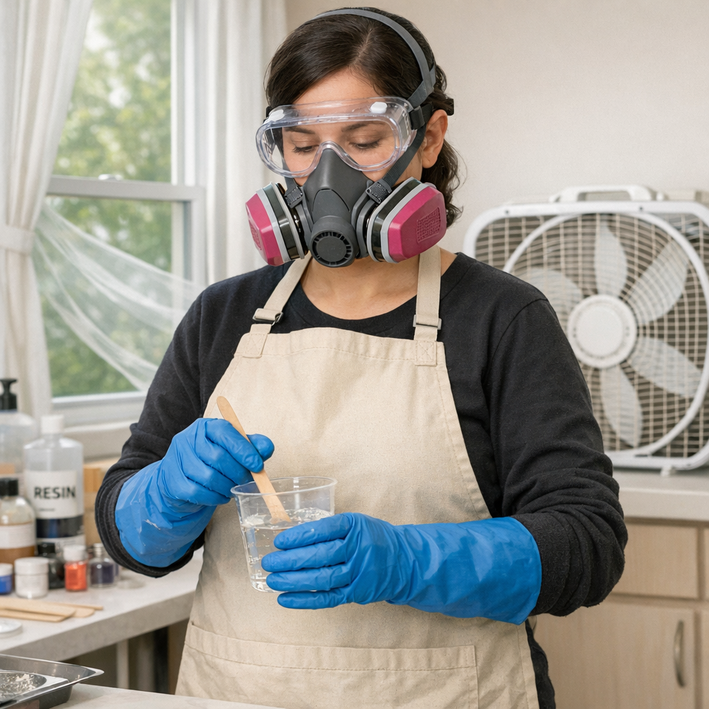 A medium shot of a person focused on mixing clear liquid in a plastic cup with a wooden stir stick. They are fully equipped with proper personal protective equipment (PPE), including a half-face respirator with pink organic vapor cartridges, clear safety goggles, and long blue nitrile gloves. The person is also wearing a beige canvas apron over a black shirt. In the background, a box fan is running near a window, and bottles of resin are visible on the workbench, emphasizing a safe and ventilated workspace.