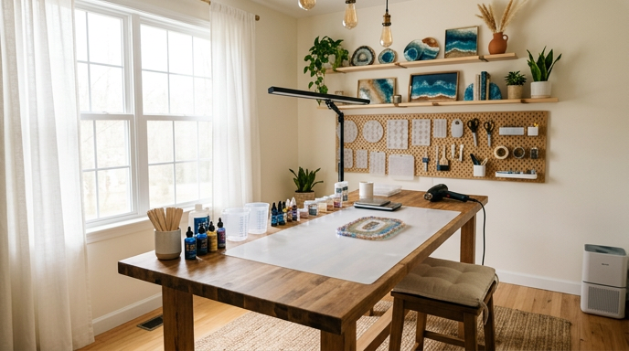 A bright and airy interior of a professional home art studio. A large wooden workbench sits in the center, equipped with a silicone mat, mixing cups, pigments, and a heat gun. The background features a large window with sheer white curtains, light wood shelving displaying ocean-themed resin art, and a neatly organized pegboard for tools. Warm Edison bulb pendant lights and lush green plants complete the serene, creative environment.