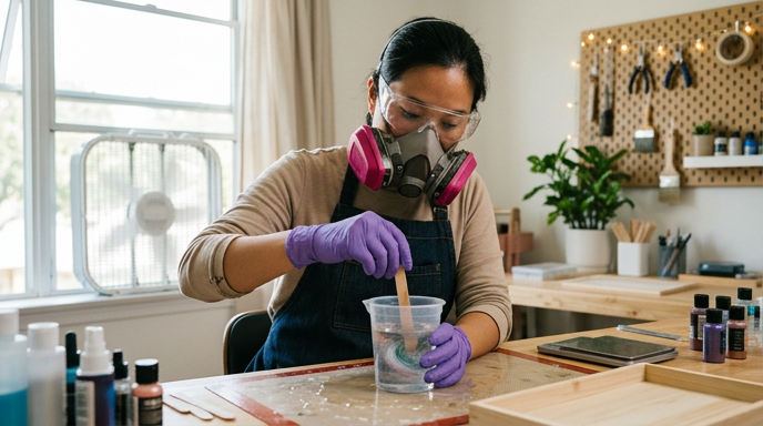 A candid lifestyle photograph of an artist working in a well-lit studio. She is wearing a professional respirator mask, safety goggles, and purple nitrile gloves while carefully stirring clear resin in a plastic measuring cup. The workspace is organized with a pegboard for tools, various pigment bottles, and wooden trays, set against a bright window and a warm, creative atmosphere.