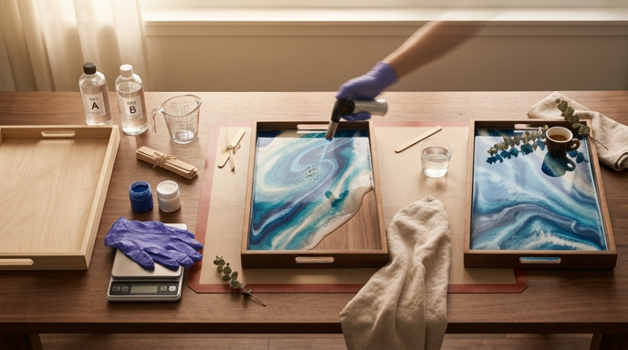 A top-down editorial photo of a wooden table where ocean-themed resin trays are being created. A person wearing blue nitrile gloves uses a kitchen torch to remove bubbles from a swirling blue and white resin pour inside a wooden tray. Surrounding the workspace are resin bottles labeled A and B, a digital scale, mixing sticks, and blue pigment jars.