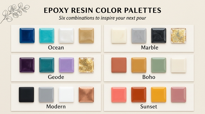 A clean infographic displaying six epoxy resin color combinations in square sample tiles. The categories include 