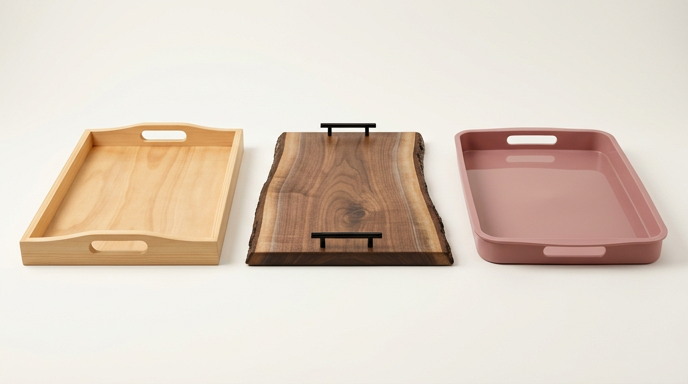 A minimalist product comparison shot featuring three different serving trays against a plain off-white background. On the left is a light-grained natural wood tray with cutout handles. In the center is a dark walnut live-edge wood board with sleek matte black metal handles. On the right is a smooth, solid dusty-rose resin tray with integrated handles. The trays are lined up horizontally, showcasing the different textures and materials.