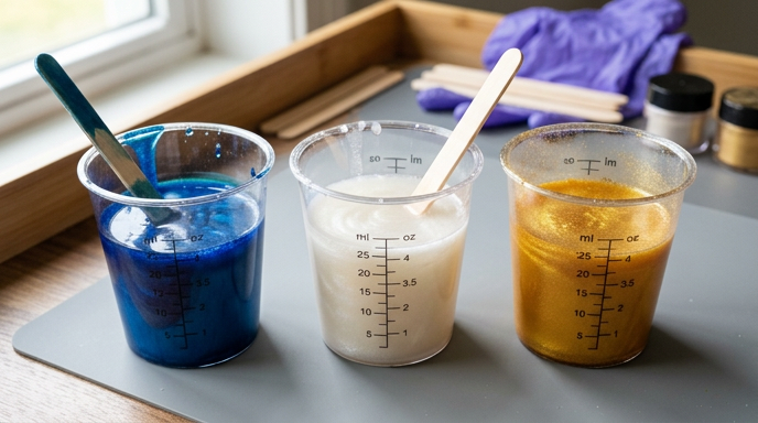 A close-up shot of three plastic measuring cups filled with vibrant, shimmering liquid resin in deep blue, pearlescent white, and metallic gold. Wooden mixing sticks are resting in the cups, set against a workspace with purple crafting gloves and extra sticks in the background.