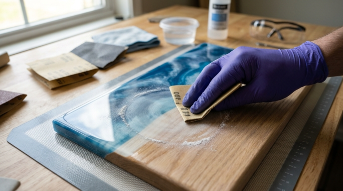 A close-up photograph of a hand in a purple nitrile glove sanding the surface of a wooden board with a blue resin inlay. Fine white dust is visible around the sandpaper. Safety goggles, various grits of sandpaper, and a polishing liquid sit on the workbench in the background.