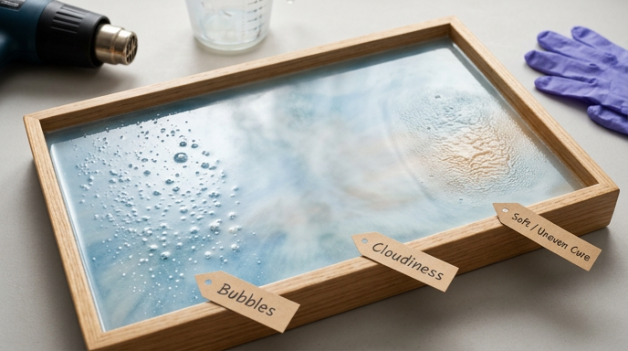 An educational close-up of a resin tray project with labels pointing out common mistakes: "Bubbles" in a cluster on the left, "Cloudiness" in the center, and a "Soft / Uneven Cure" with a wrinkled texture on the right. A heat gun and crafting gloves are visible in the background.