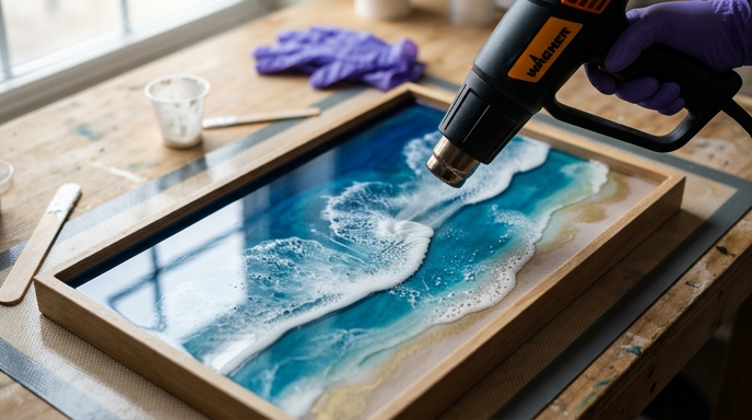 A close-up action shot of a gloved hand using a heat gun to manipulate white resin, creating realistic lacing and wave patterns on an ocean-themed resin art piece within a wooden tray.