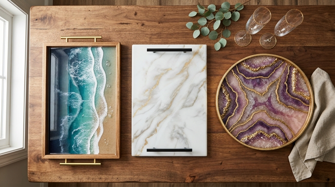 An overhead, editorial-style photograph of three decorative serving trays arranged on a dark wood table. On the left, a rectangular wooden tray features a resin "ocean wave" design with turquoise water and white foam. In the center, a white marble rectangular tray with gold veining and matte black handles. On the right, a circular gold-rimmed tray displays a purple and pink geode resin pattern with metallic gold accents. The scene is accented by two gold-rimmed wine glasses, a sprig of eucalyptus, and a beige linen napkin under soft window lighting.