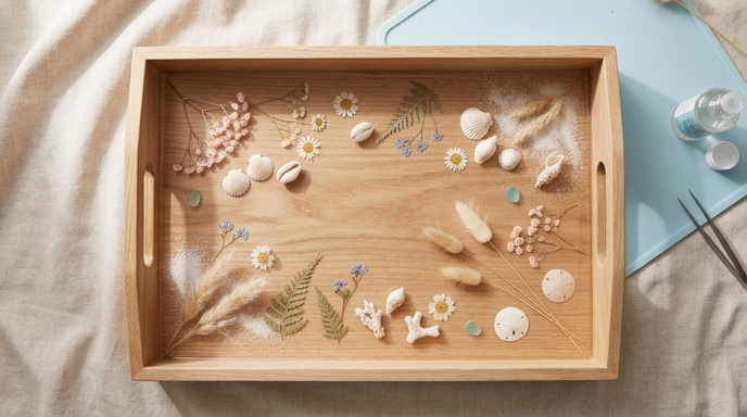 A soft, romantic overhead photo of a light wood serving tray placed on a beige linen surface. Inside the tray, various dried botanical elements including daisies, ferns, and pink baby’s breath are arranged alongside small white seashells and sand dollars. The scene is illuminated by gentle natural light, with a blue crafting mat, tweezers, and a small bottle visible in the corner, suggesting a resin art project in progress.