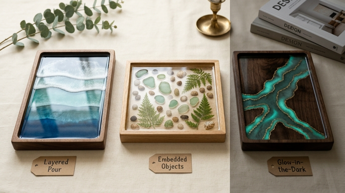A stunning editorial photograph showcasing three different resin art techniques in wooden frames. The first frame is labeled "Layered Pour" and features a multi-tonal blue ocean wave effect. The second is labeled "Embedded Objects" and contains green sea glass and ferns in clear resin. The third frame, shown in a split-screen darker view, is labeled "Glow-in-the-Dark" and features a vibrant glowing turquoise geode pattern against dark wood.