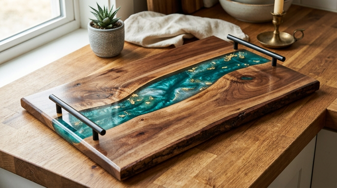 A hero shot of a handcrafted live edge walnut serving tray featuring a vibrant turquoise resin "river" running through the center, accented with shimmering gold leaf flakes. The tray is finished with sleek black metal handles and sits on a wooden kitchen counter near a small succulent and a brass candle holder.