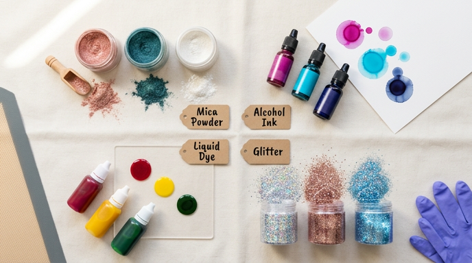 A styled overhead flat-lay showcasing four types of resin pigments labeled with kraft paper tags: Mica Powder, Alcohol Ink, Liquid Dye, and Glitter. Each section displays the raw material alongside a sample of its effect, such as shimmering powder piles, vibrant ink drops on paper, concentrated liquid drops on glass, and jars of sparkling holographic glitter.