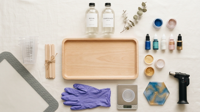 A clean, styled overhead flat-lay photograph of essential resin art supplies arranged on a white fabric background. In the center is an empty wooden tray. Surrounding it are bottles of resin and hardener, measuring cups, wooden stirring sticks, a digital scale, purple nitrile gloves, a silicone mat, various pigment bottles and powders, a small butane torch, and a finished hexagonal coaster. A sprig of dried eucalyptus adds a natural decorative touch.