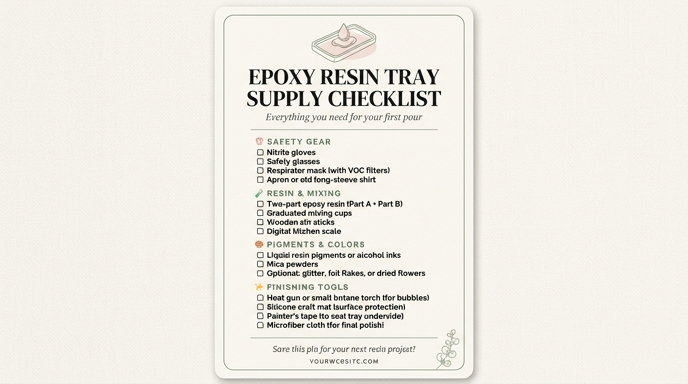 A vertical, Pinterest-style infographic titled "Epoxy Resin Tray Supply Checklist." The design features a clean, cream-colored background with elegant serif typography and small illustrative icons. The checklist is divided into four main categories: Safety Gear (nitrile gloves, goggles, respirator mask), Resin & Mixing (two-part epoxy, graduated cups, digital scale), Pigments & Colors (liquid pigments, mica powders, glitter), and Finishing Tools (heat gun, silicone mat, microfiber cloth). A small resin tray illustration is at the top, and a website placeholder is at the bottom.