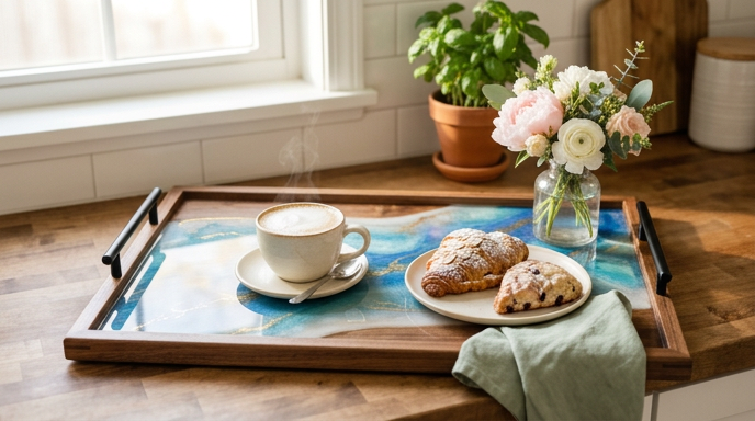 A side angle view shows a wooden serving tray featuring an eye-catching fluid art resin surface in dark blue, teal, and gold, holding a coffee cup, pastry, scone on a small plate, and flowers in a small vase. Light streams onto the wooden counter.