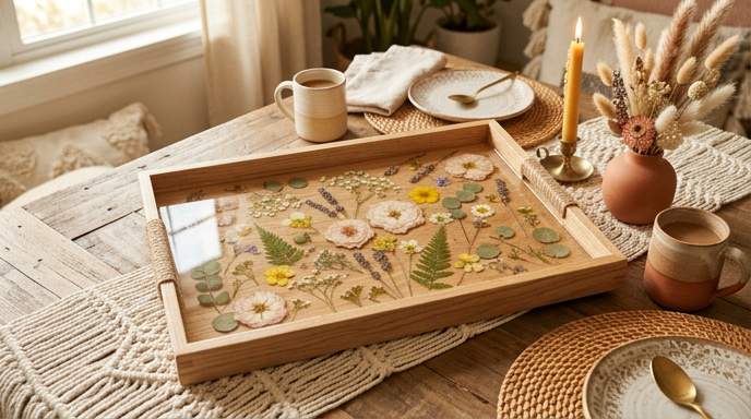 A warm, inviting lifestyle shot of a wooden serving tray featuring preserved, pressed flowers embedded in clear resin. The tray sits on a dining table with macramé runners, surrounded by coffee mugs, a small vase of dried botanicals, and a lit taper candle, creating a cozy, romantic aesthetic.
