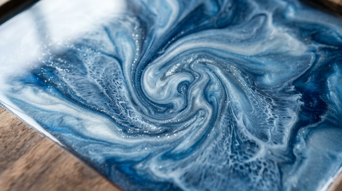 An extreme macro, close-up shot of polished resin art. The image features a captivating, hypnotic swirl of deep navy and pearlescent white pigments, creating a liquid, galaxy-like effect set against a dark wood frame.