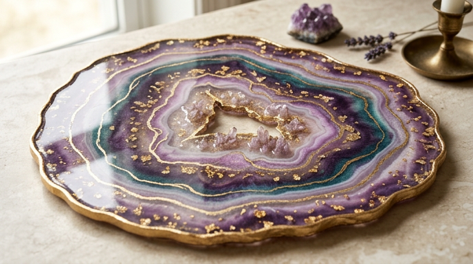 An ultra-detailed macro shot of a large, irregular geode-style resin coaster. The piece features concentric rings of deep purple, teal, and shimmering lavender resin, accented with gold leaf flakes and a textured crystal-like center. It sits on a marble surface next to a raw amethyst cluster and a brass candle holder.
