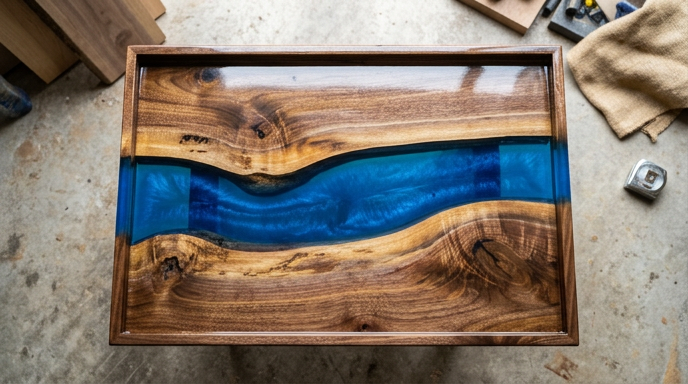 An overhead view of a large rectangular wooden tray featuring a deep, translucent blue resin river with shimmering metallic swirls flowing through the center of a rich, grained walnut slab. The finished piece has a high-gloss sheen and rests on a concrete workshop floor surrounded by crafting tools.