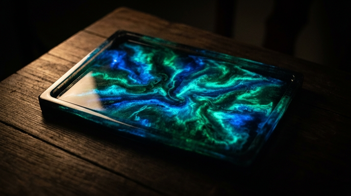 A rectangular resin tray with a black frame sits on a dark wooden surface. The interior features a mesmerizing, swirling pattern of glowing emerald green and sapphire blue pigments, creating a nebula or galaxy-like effect that appears to illuminate from within.