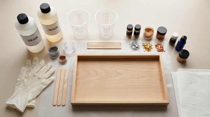 A well-organized DIY resin art kit featuring two bottles of resin, measuring cups, powdered pigments, colorants, glitter, mixing sticks, a pair of gloves, and a wooden tray, arranged neatly on a light-coloured surface