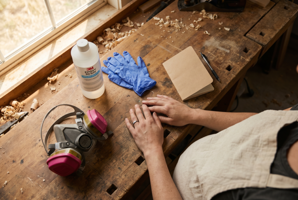 Proper PPE for resin crafting: A respirator with organic vapor cartridges, nitrile gloves, and a planning notebook organized on a wooden workbench.