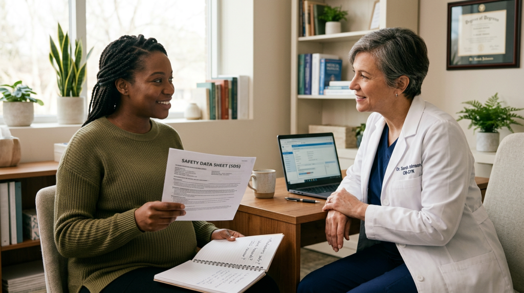 A warm, editorial-style photo of a pregnant patient sitting in an office, smiling as she holds a document titled "SAFETY DATA SHEET (SDS)." She is speaking with her female OB-GYN, who is wearing a white coat and listening attentively across a wooden desk. A laptop, a notebook with handwritten questions, and indoor plants are visible in the bright, professional office setting.