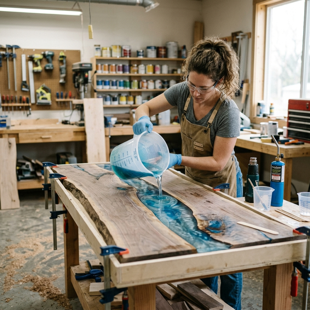 Generate A Picture Of A Person Working On An Epoxy Resin River Table 2026 04 02T23 14 19