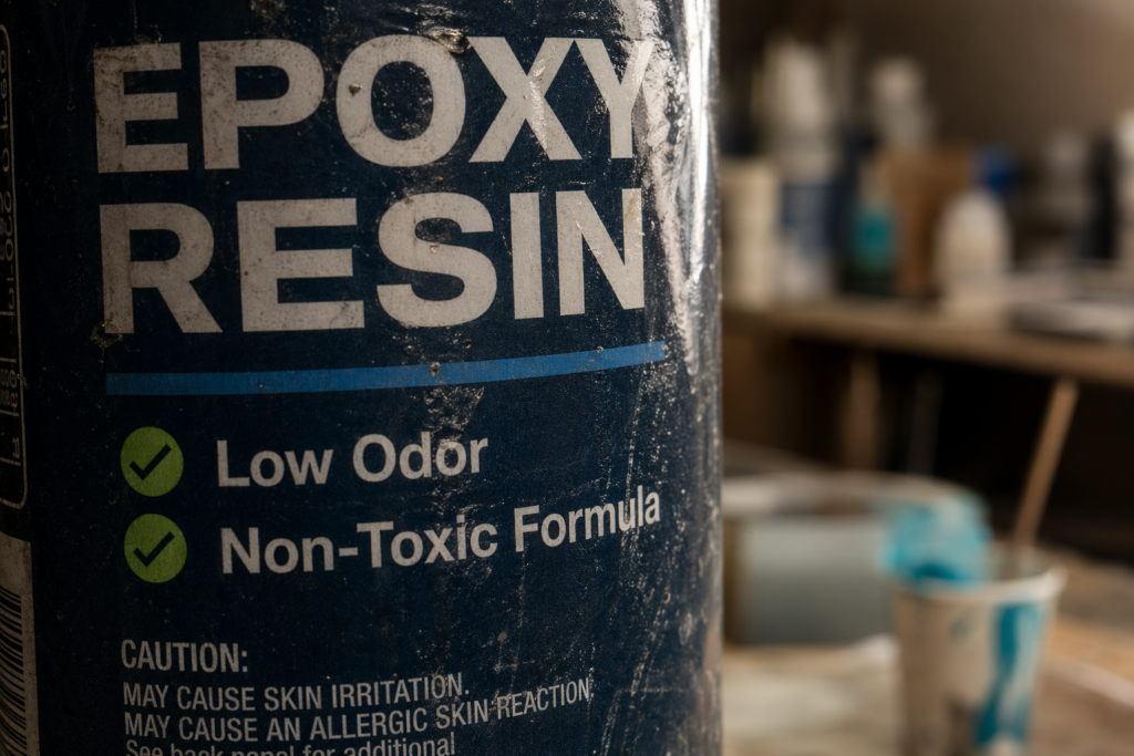 An extreme close-up of a blue epoxy resin bottle label. The words "EPOXY RESIN" are prominent at the top in white block letters. Below, two green checkmarks highlight "Low Odor" and "Non-Toxic Formula." At the bottom, a "CAUTION" section warns that the product may cause skin irritation or allergic reactions. The background is a softly blurred workshop setting with a mixing cup and stir stick.