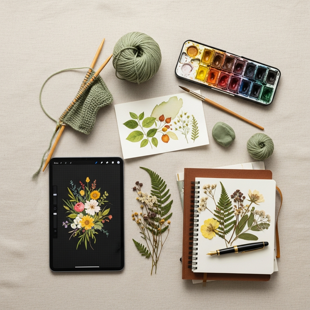 An aesthetically arranged flat-lay photograph on a neutral linen background featuring various creative, non-resin hobbies. Items include a tablet showing a digital floral illustration, knitting needles with a partially finished green knit piece, a ball of sage green yarn, a watercolor palette with a brush, a watercolor painting of botanical leaves, pressed flowers arranged on a spiral notebook with a fountain pen, and a small piece of modeling clay. The overall vibe is calm, natural, and artistically inspired.