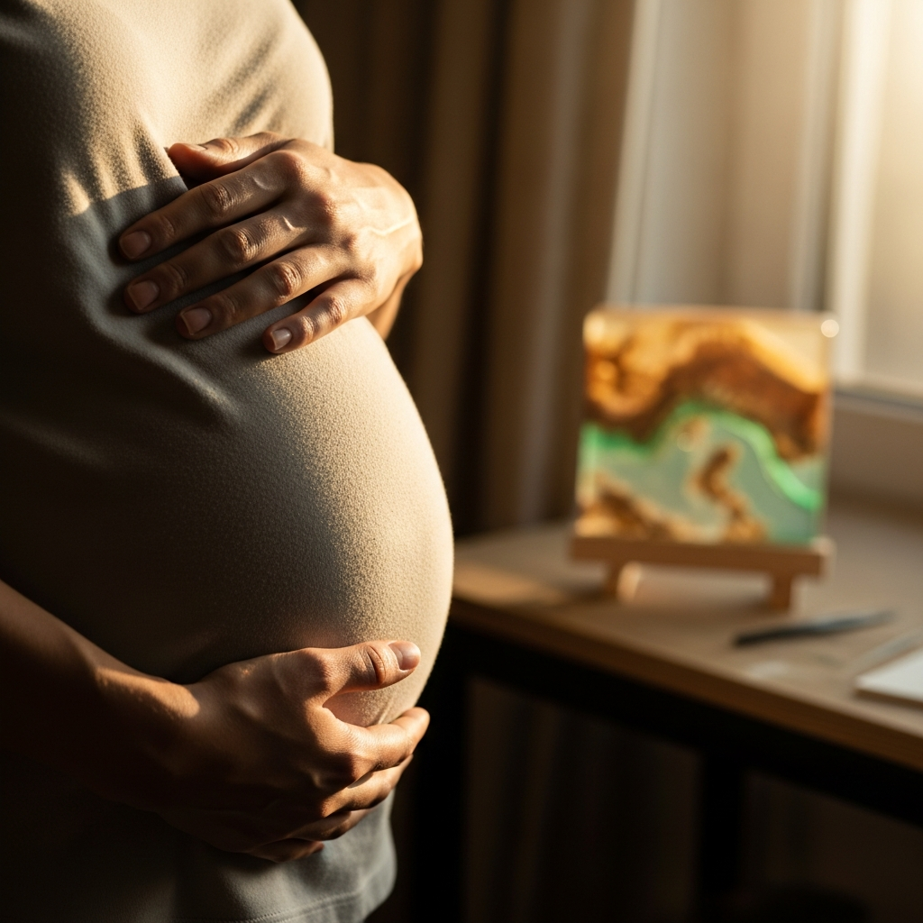 A gentle, close-up photograph of a pregnant woman standing near a window, her hands cradling her belly in a warm glow of sunlight. In the soft-focus background, a finished resin art piece with turquoise and wood elements sits on a small display stand on a desk. The lighting is warm and hopeful, highlighting the texture of her shirt and the vibrant colors of the resin art in the distance.