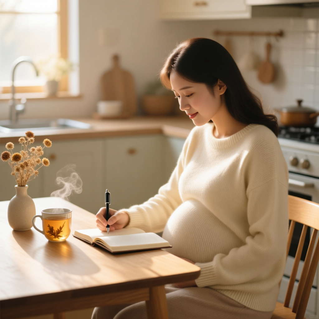 A soft, intimate photograph of a pregnant woman sitting at a warm wooden kitchen table, peacefully writing in a notebook. She is wearing a cozy, cream-colored knitted sweater. Next to her on the table is a steaming mug of tea and a small vase of dried flowers. The background is a bright, airy, and modern kitchen, illuminated by warm natural morning light, creating a calm and serene atmosphere.