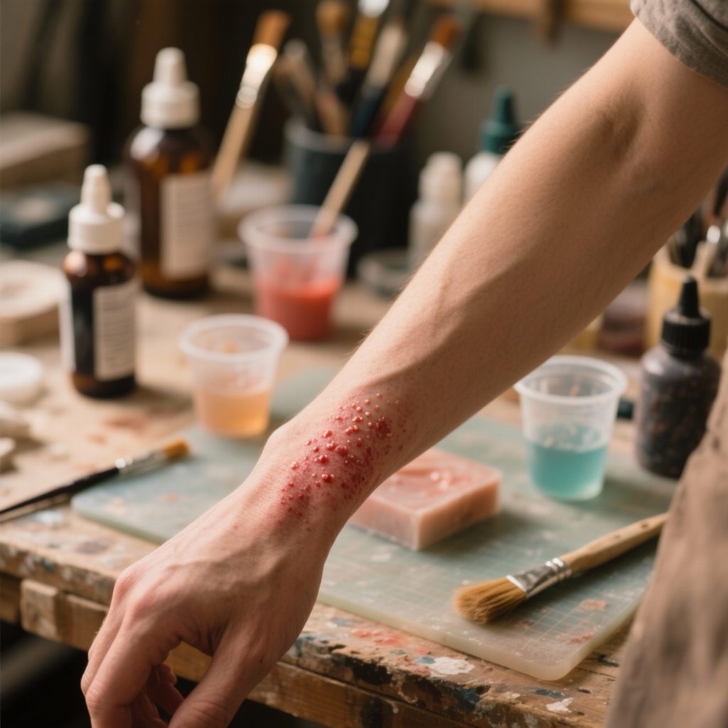 A close-up shot of a person’s forearm showing a red, bumpy skin rash consistent with contact dermatitis or an allergic reaction. The arm is positioned over a cluttered craft workbench filled with resin mixing cups, brushes, and various bottles. The lighting is soft, emphasizing the texture of the skin irritation against the blurred workshop background.