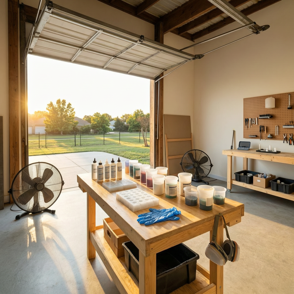 A wide-angle photograph of a clean garage workshop organized for resin crafting. A large garage door is fully open, showing a sunlit suburban backyard and providing natural ventilation. Two large floor fans are positioned to circulate air. In the foreground, a sturdy wooden workbench holds several bottles of resin, mixing cups, silicone molds, blue nitrile gloves, and a respirator mask hanging from the side. A secondary workbench with a pegboard for tools is visible in the background, all under bright, warm evening light.