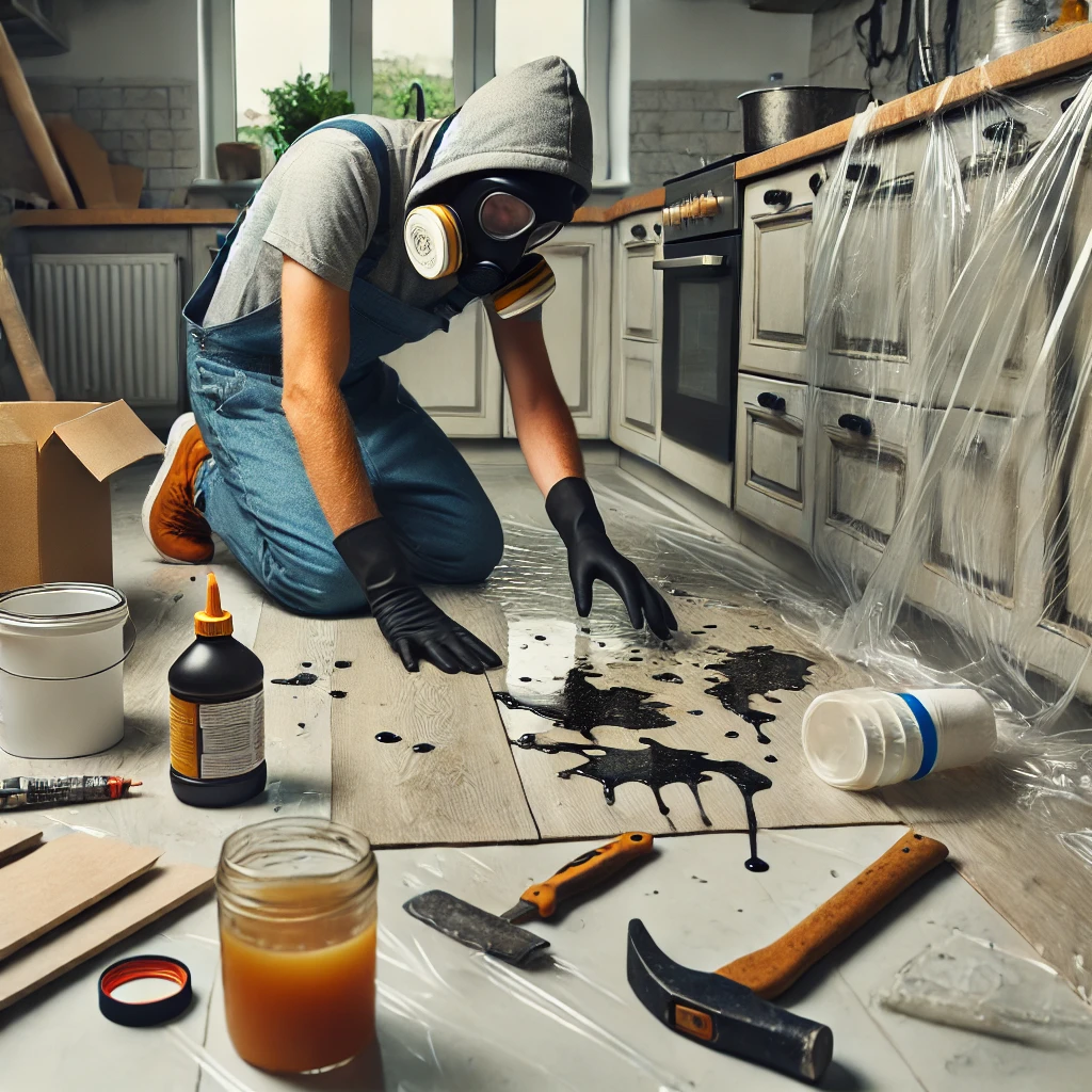 Advantages and Disadvantages of Epoxy Resin Countertops 5 A person applying epoxy resin to a countertop in a kitchen, showing spilled resin, scattered tools, protective gear, and plastic coverings.