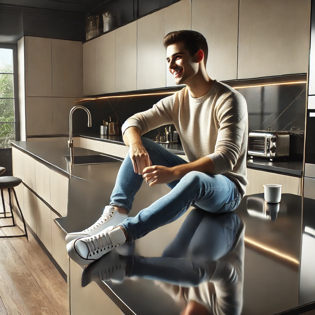 Advantages and Disadvantages of Epoxy Resin Countertops 3 A person sitting comfortably on a sleek, glossy epoxy countertop in a modern kitchen with stylish cabinets and stainless steel appliances.
