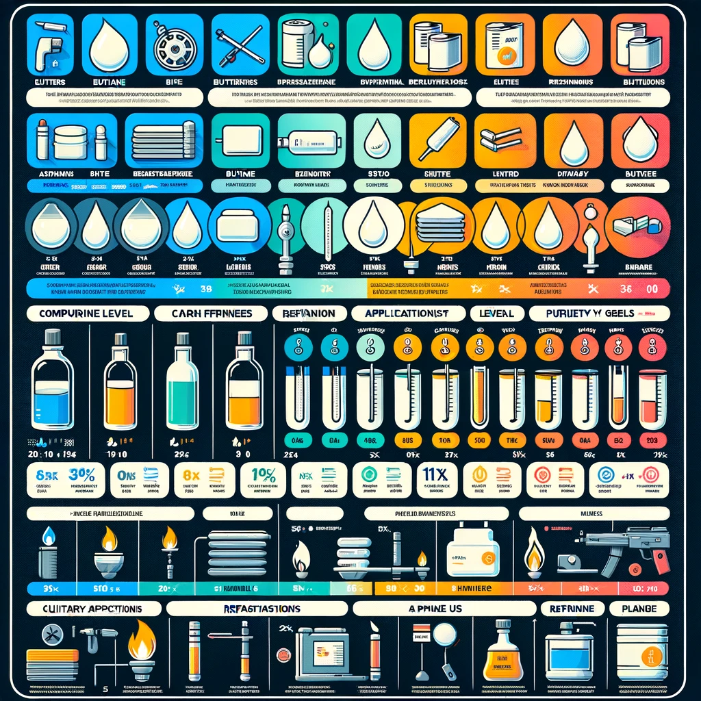 DALL·E 2024 03 14 23.18.06 A visually engaging infographic comparing different types of butane fuels highlighting their key features such as purity level applications and ref