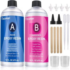 32OZ Epoxy Resin and Hardener Kit Crystal Clear for Jewelry DIY Art Crafts Cast Coating Wood,Easy Cast Resin with 4pcs Sticks,2pcs Graduated Cups, 2 Pairs Gloves,1 Instructions