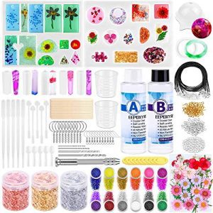 219Pcs Resin Kit for Beginners, Thrilez Resin Mold Kit with Resin Molds Silicone and Epoxy Resin Supplies Include Dried Flowers, Foil Flakes, Necklace Cord, Earring Hooks for DIY Jewelry Making