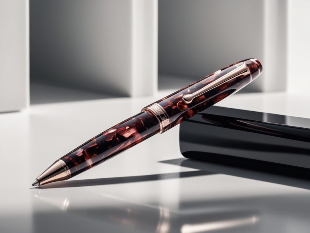 Top 5 Best Resin For Pen Blanks to Make Beautiful Resin Pens 13 A sleek rollerball pen crafted from marbled dark resin with rose gold accents, resting on a minimalist surface with soft lighting and shadows.