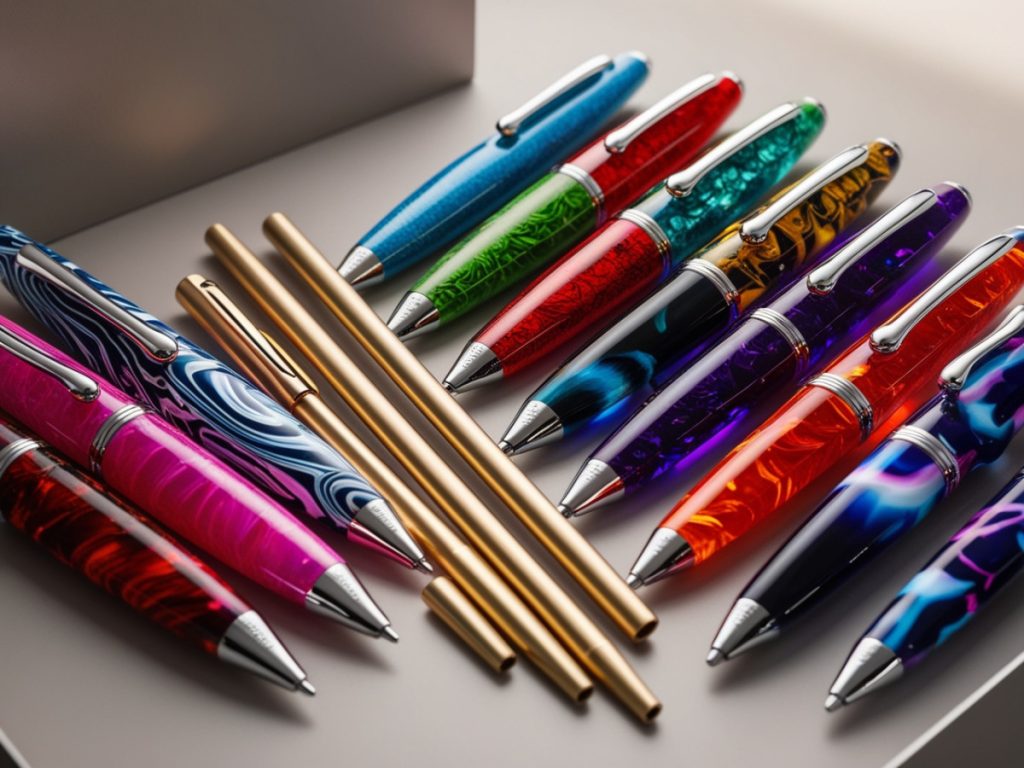 Learn How To Make Resin Pens 31 A diverse collection of vibrant resin pens in various colors and patterns, complemented by sleek gold pens, displayed on a minimalist surface.
