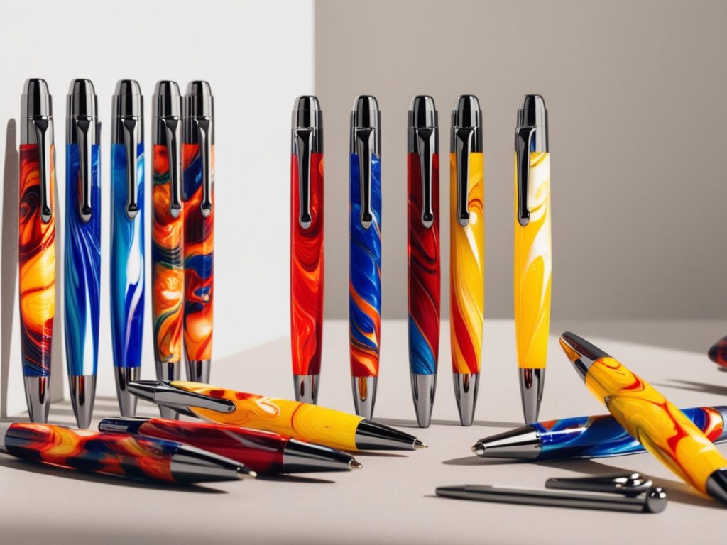 Learn How To Make Resin Pens 2 A collection of vibrant resin ballpoint pens with swirling red, blue, yellow, and orange patterns, displayed on a minimalist surface with soft shadows.