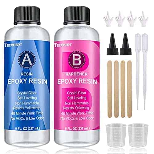 Teexpert 8 ounce two part Epoxy resin kit with silicone gloves, mixing sticks, mixing cups and droppers