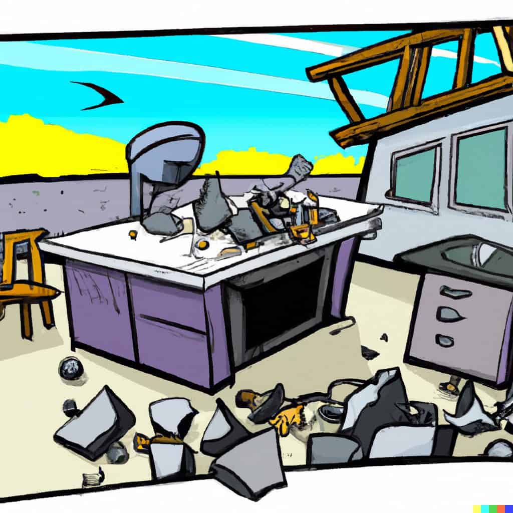 DALL·E 2023 02 08 12.23.57 a cartoon image of kitchen countertop in the open with rubble from a destroyed house around it