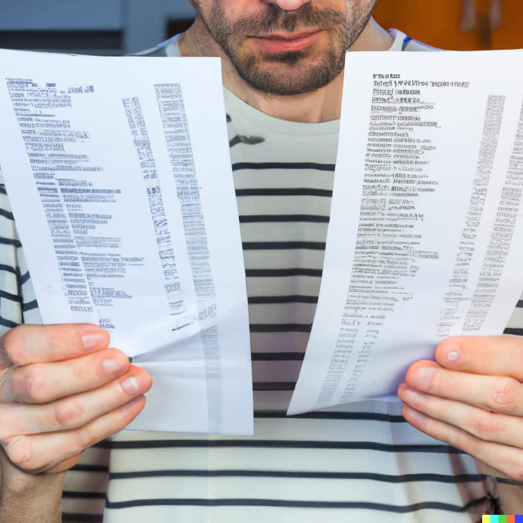 Elevate Your Bathroom Décor with Epoxy Countertops 2 A person wearing a striped shirt closely examining two sheets of printed text.