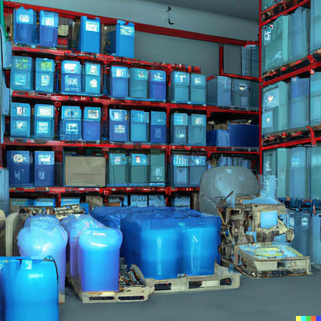 Sustainable Resin Disposal: Eco-Friendly Ways to Handle Leftover Resin 7 Stacks of blue chemical containers on shelves in a storage facility.