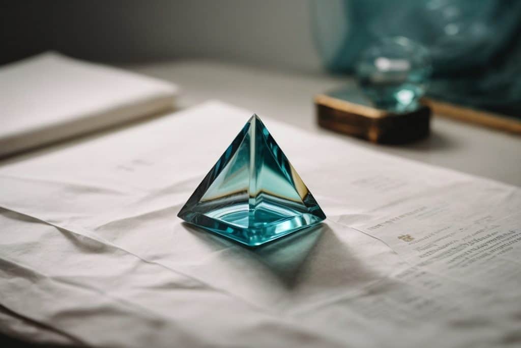 PhotoReal triangle epoxy resin paper weight sitting on sheets 2