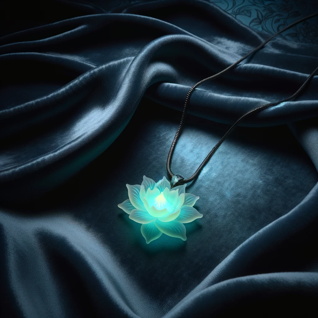 DALL·E 2024 03 16 11.18.46 Imagine a dark velvety background that elegantly fades into the depths of the night. In the center a necklace with a glow in the dark resin pendant