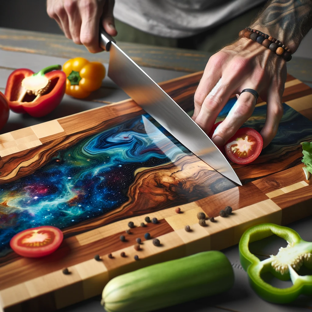 DALL·E 2024 03 19 11.54.46 Visualize a scene where a person is using a knife to cut vegetables on the epoxy butcher block described earlier. The person is focused on their task