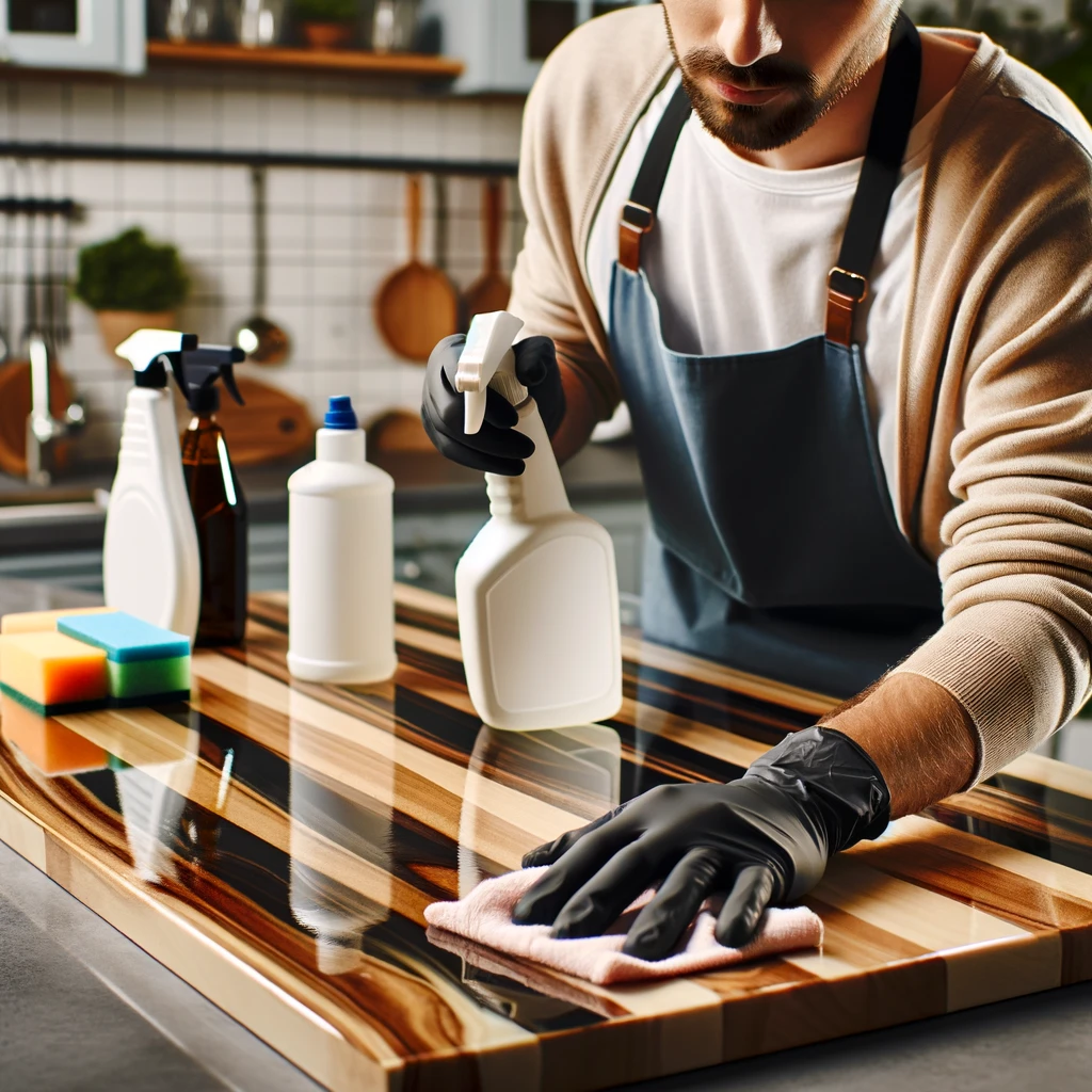 DALL·E 2024 03 19 12.13.34 A person is cleaning the surface of an epoxy butcher block with cleaning products. The person is wearing gloves and holding a spray bottle in one hand