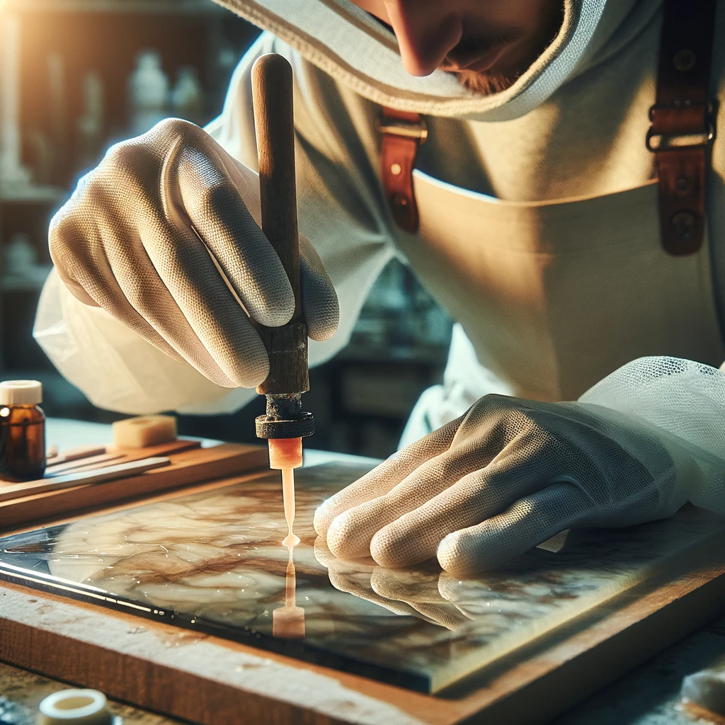 DALL·E 2024 03 29 15.42.43 Capture a photo of a craftsperson wearing protective gloves intently working with epoxy resin in their well organized workshop. The focus should be